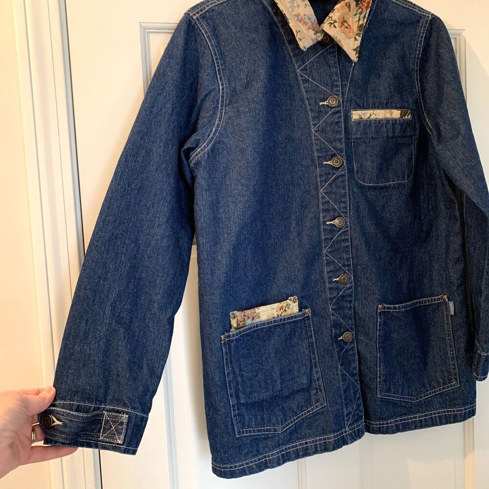 VTG Chore Jacket Denim Barn Coat Jean Women's Small Tapestry Collar BlassSport